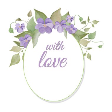 Menekşeli suluboya kart şablonu. Dekoratif çiçek çerçevesi. El çizimi resimleme beyaz arkaplanda izole edildi.