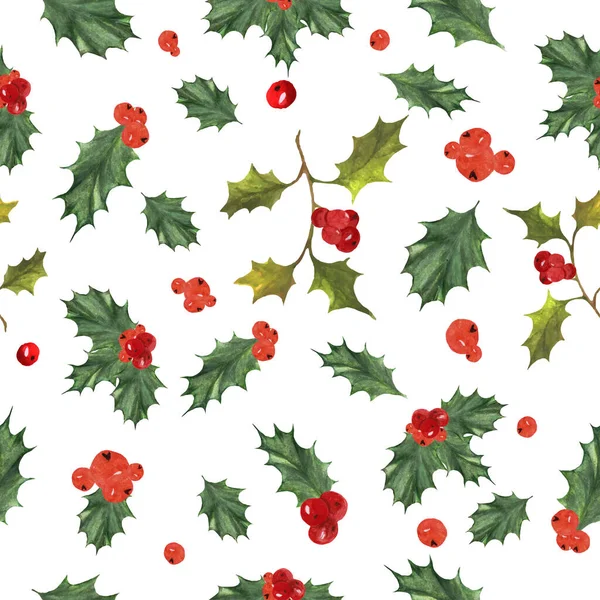 Akvarel Květinový Vánoční Bezešvý Vzor Ručně Kreslené Akvarel Cesmíny Větve — Stock fotografie