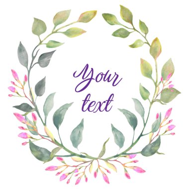 Suluboya kart davetiye tasarımı. Küçük çiçekler ve yapraklar. Metnin için el çizimi desenli çiçek arkaplanı. Vektör EPS