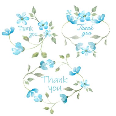 Suluboya seti küçük mavi çiçekli, yeşil dallı ve yapraklı teşekkür kartları. Metnin için el çizimi desenli çiçek arkaplanı. Vektör EPS.