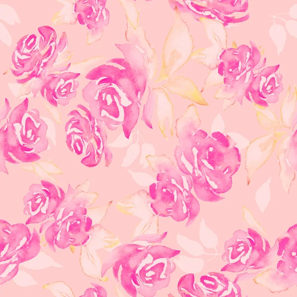 Acquerello Floreale Modello Senza Cuciture Con Rose Rosa Foglie Illustrazione — Vettoriale Stock