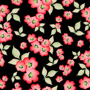  Çiçeksiz suluboya desenli soyut gelincik çiçekleri ve yapraklar. El çizimi çiçekler siyah arka planda izole edilmiş. Paketleme, duvar kağıdı, ambalaj tasarımı veya yazdırma için.