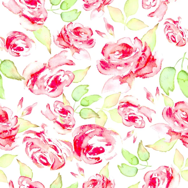 Watercolor Beautiful Seamless Pattern Red Roses Leaves Hand Drawn Floral — Stock Photo, Image