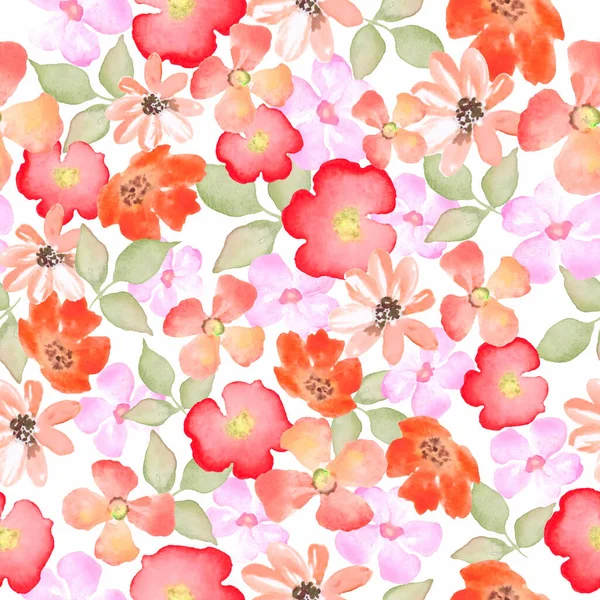 Watercolor Beautiful Seamless Pattern Abstract Bright Flowers Leaves Hand Drawn — Stock Photo, Image