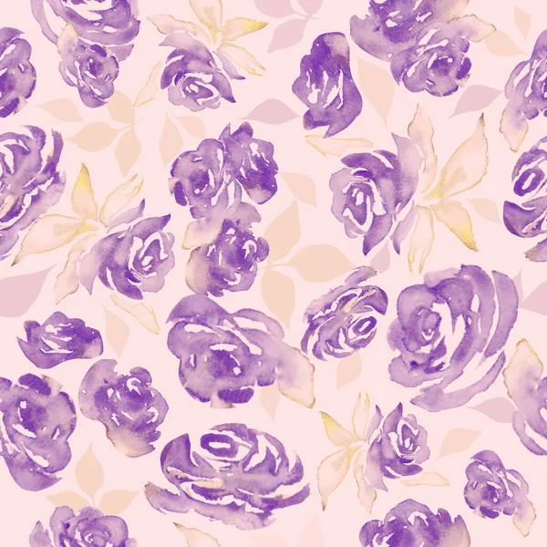 Акварель Цветочный Бесшовный Узор Фиолетовыми Розами Листьями Ручной Рисунок Цветов — стоковое фото