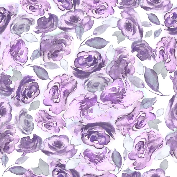 Watercolor Floral Seamless Pattern Purple Roses Leaves Hand Drawn Flowers — Stock Photo, Image