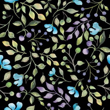 Suluboya güzel, dikişsiz desen, soyut farklı çiçekler, yapraklar. El çizimi çiçek çizimi siyah arka planda izole edilmiş. Paketleme, duvar kağıdı, ambalaj tasarımı veya yazdırma için