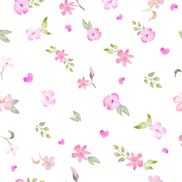 Υδατογραφία Απαλή Απρόσκοπτη Μοτίβο Αφηρημένα Διαφορετικά Ροζ Λουλούδια Φύλλα Χειροποίητη — Διανυσματικό Αρχείο