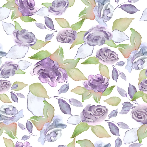 Acquerello Floreale Modello Senza Cuciture Con Rose Viola Foglie Illustrazione — Foto Stock