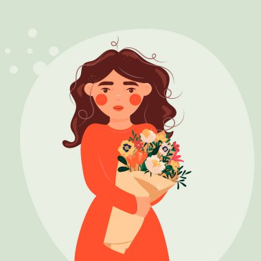 Bir buket çiçekli bir kız karakteri. vektör illüstrasyonu.