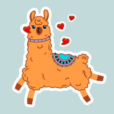 Lama ve diğer elementlerle süslü çizgiler. Vektör çizimi. Etiket, iğne, yama çizgi film tarzında