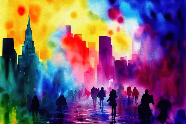 bright watercolor painting with the expression of the night city in bright colors art