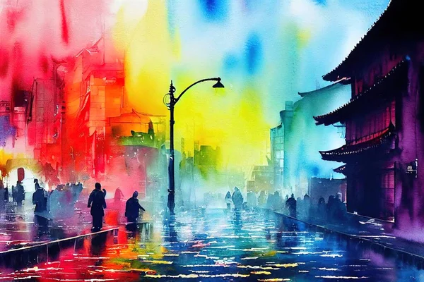 bright watercolor painting with the expression of the night city in bright colors art