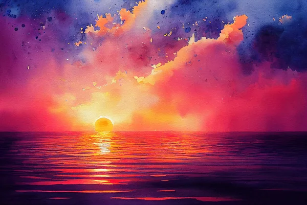 sunset over the mountains in ocean color art