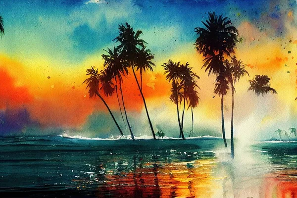tropical sunset with palms trees color art