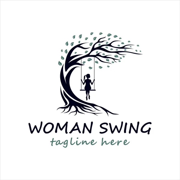 Žena Houpání Pod Stromem Logo Design Inspirace — Stockový vektor