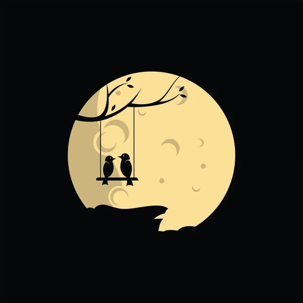 鳥のペア月の背景デザインのインスピレーションとロゴをスイング — ストックベクタ