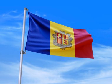 Gökyüzü arka planında rüzgarda dalgalanan güzel Andorra bayrağı - 3D illüstrasyon - 3D canlandırma