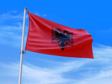 Gökyüzü arka planında rüzgarda dalgalanan güzel Arnavutluk bayrağı - 3D illüstrasyon - 3D canlandırma