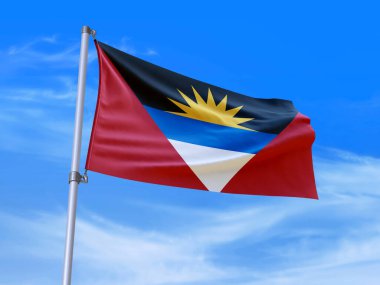 Güzel Antigua ve Barbuda bayrağı gökyüzü arkaplanlı rüzgarda dalgalanıyor - 3D illüstrasyon - 3D canlandırma