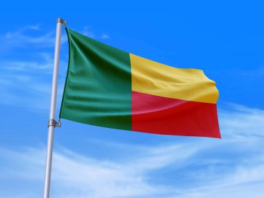 Gökyüzü arka planında rüzgarda dalgalanan güzel Benin bayrağı - 3D illüstrasyon - 3D canlandırma