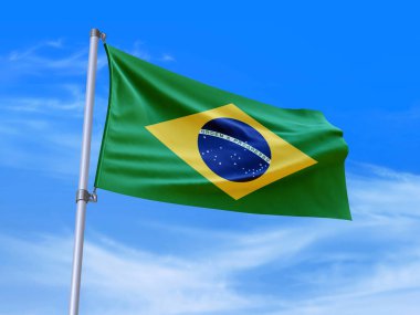 Gökyüzü arkaplanlı rüzgarda dalgalanan güzel Brezilya bayrağı - 3D illüstrasyon - 3D canlandırma