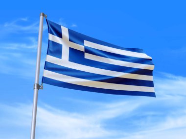 Gökyüzü arka planında rüzgarda dalgalanan güzel Yunanistan bayrağı - 3D illüstrasyon - 3D canlandırma