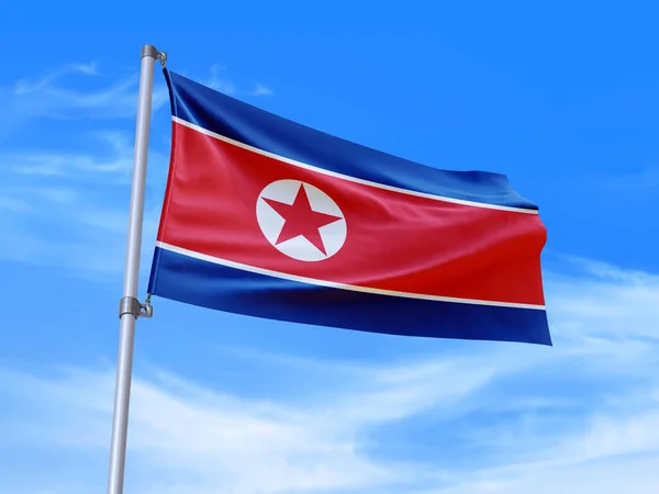 Norte Bonito Bandeira Coreia Acenando Vento Com Fundo Céu Ilustração — Fotografia de Stock