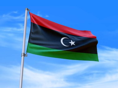 Beautiful Libya flag waving in the wind with sky background - 3D illustration - 3D render clipart