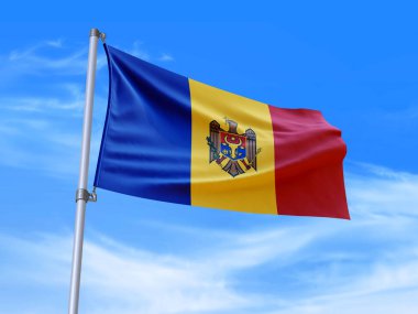 Gökyüzü arka planında rüzgarda dalgalanan güzel Moldova bayrağı - 3D illüstrasyon - 3D canlandırma