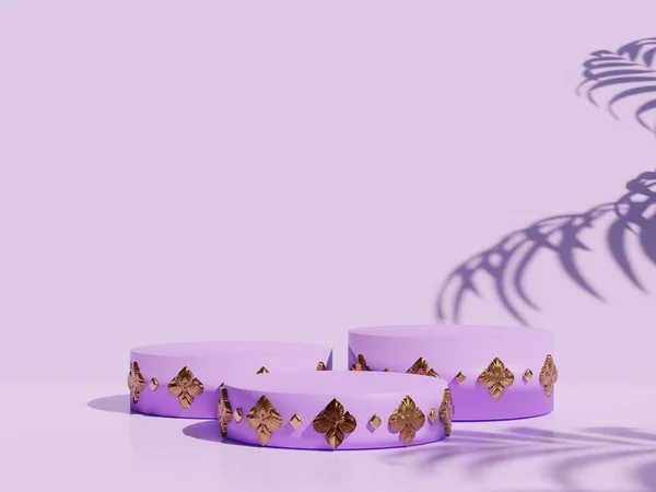 Three podiums. Abstract podium with geometric shapes in purple or violet composition for modern stage show and minimalist mockup. Beautiful gold pattern. 3D render