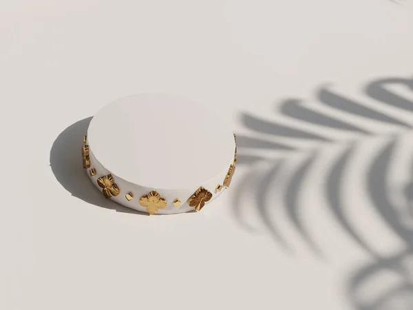 製品をモックアップし 表示するためのホワイトゴールドシリンダーフレームの3Dでトップビュー ヤシの葉の影と白の背景 — ストック写真