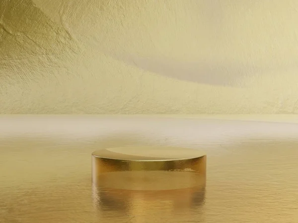 豪華なコンセプトの金の背景の上の台座または空白の表彰台棚の上に置かれた黄金の豪華な 明らかに背景に金の台座の表彰台 クリーンなデザインの豪華なミニマリストモックアップ 3Dレンダリング — ストック写真