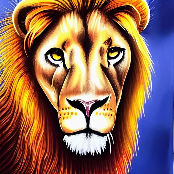 lion head portrait, vector illustration for decoration. Male predator. Wild animal from Africa with a colored mane. Powerful. Art. Blue abstract background. Sign, symbol, astrology. Leo. The Lion King. Orange. Close-up. Face, head, hair, eyes, tiger