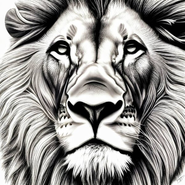 Lion head, black and white. Realistic portrait of a male predator. Wild animal, Africa. Art illustration, decoration. Sign, symbol, astrology. Leo. The Lion King, wildlife. Abstract background. Expressive close-up, look. Face, mane, hair, charcoal