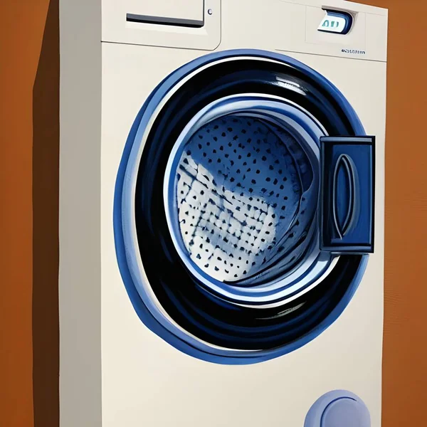 Washing machine with a blue drum, on an abstract and terracotta background. Digital illustration of a domestic equipment, a household appliance with a vintage and retro look.