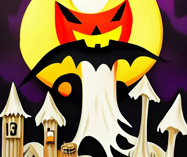 Halloween art illustration on dark background, celebration. Batman character. Bats, village, yellow moon, house, mushroom, pumpkins, lantern. the face and a witch, pointed roofs. fear, horror, creepy atmosphere, costume, trick or treat, funny, party