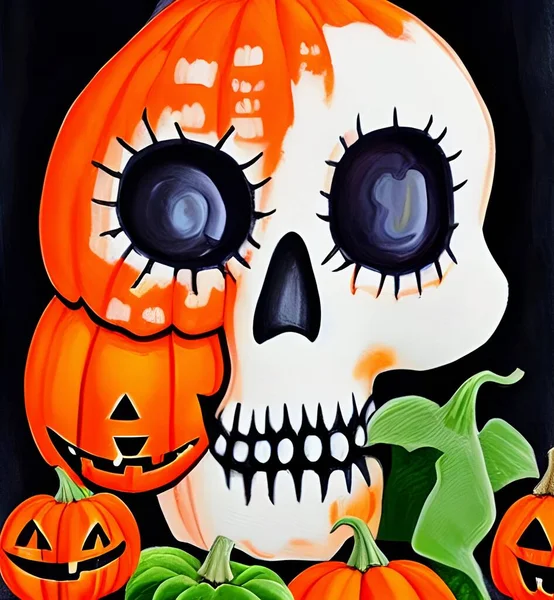 Skull in skeleton mask. halloween pumpkin. White and orange portrait of a skull and crossbones. Art illustration for halloween. Dark and abstract background. Horror and fear, teeth, frightening smile. Dead, face, head, horror, graveyard, party, funny