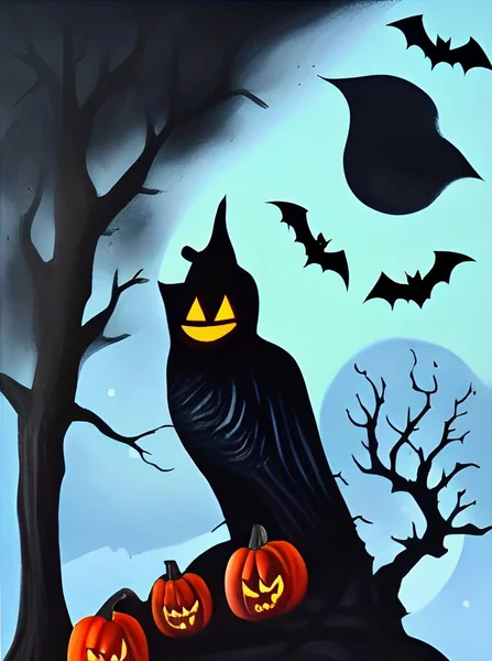 halloween pumpkins with scary black bats, witch, ghost. trick or treat celebration. vector illustration. Owl with orange eyes and mouth. Abstract background. Frightening scene, blue, silhouette, haunted, creepy, dangerous forest, darkness, mysterious