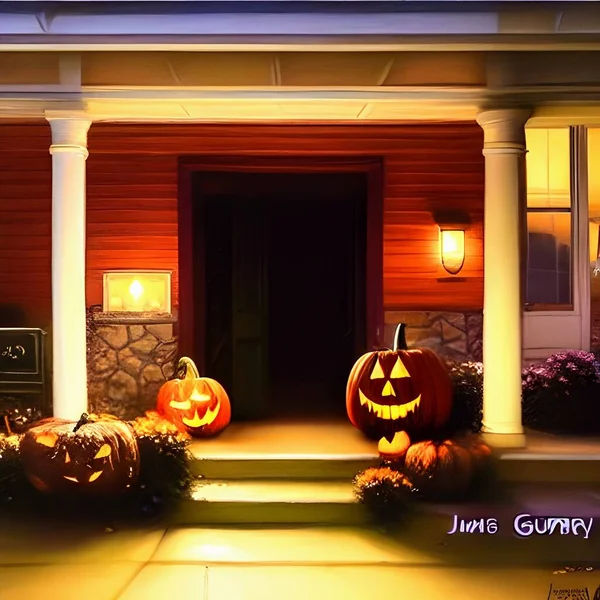 Halloween Abóboras Porta Frente Uma Casa Com Uma Atmosfera Misteriosa — Fotografia de Stock