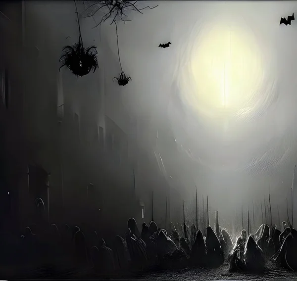 Halloween Thema Schöne Landschaft Marschierende Menschenmenge Mit Umhängen Dunkeln Lichtquelle — Stockfoto
