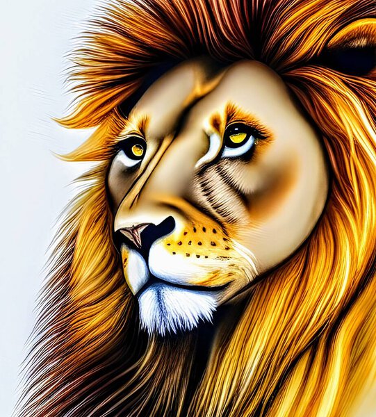 Lion golden face head, realistic portrait, male predator. Wild animal from Africa, orange mane. Powerful. Vector art illustration, decoration. White abstract background. Expressive close-up, emotion.
