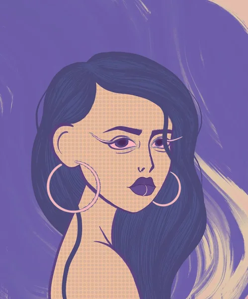 青い髪 明るいメイク 唇ピアスと紫の背景に大きなイヤリングを持つ美しい非公式の女の子の肖像画 — ストック写真