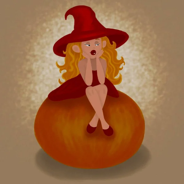 cute illustration, a little fairy witch with red hair, in a red dress, hat and shoes sits on a large orange pumpkin, on a beige background