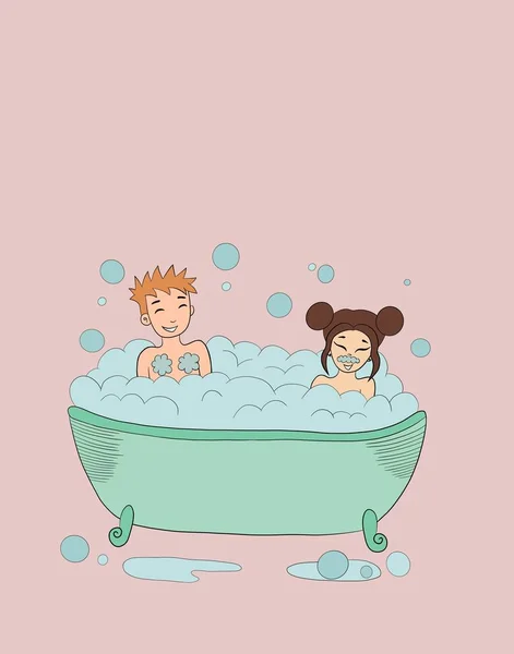 Ilustração Bonito Casal Alegre Sentado Banho Bolhas Rindo Eles Estão — Fotografia de Stock