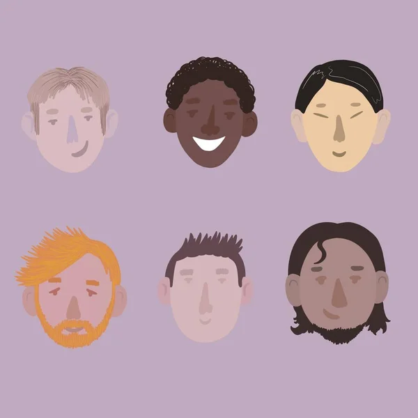Seis Hombres Sonrientes Diferentes Nacionalidades Sobre Fondo Púrpura — Foto de Stock