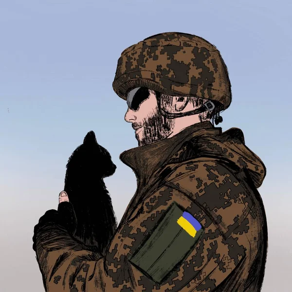 Militar Ucraniano Uniforme Militar Casco Gafas Sostiene Gato Negro Sus Imagen de archivo