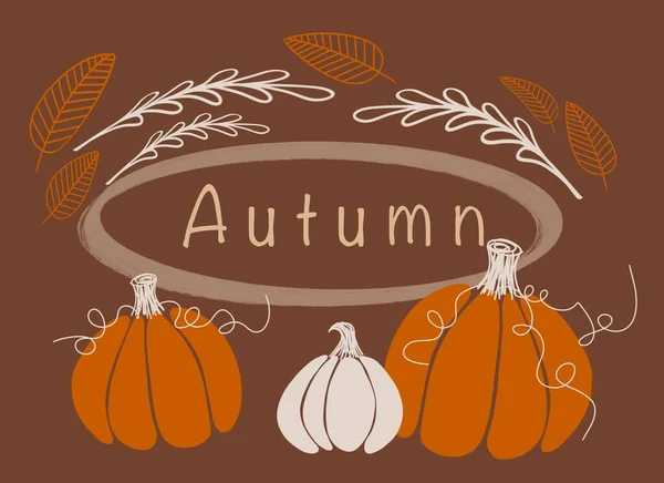 autumn horizontal illustration. bright colorful pumpkins, three pieces, around autumn leaves, the inscription \