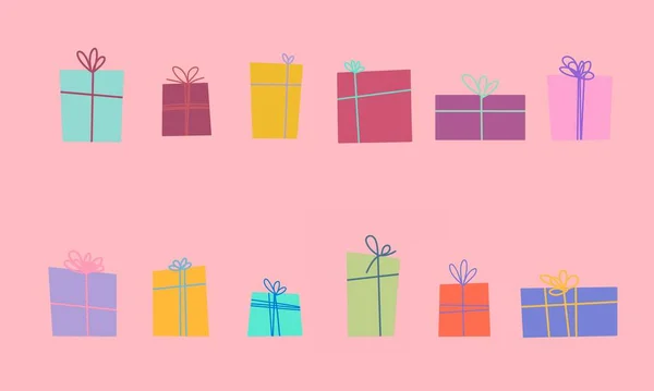 horizontal illustration. collection of bright colorful wrapped gifts on a pink background. the concept of shopping, pleasant excitement and preparation for the celebration