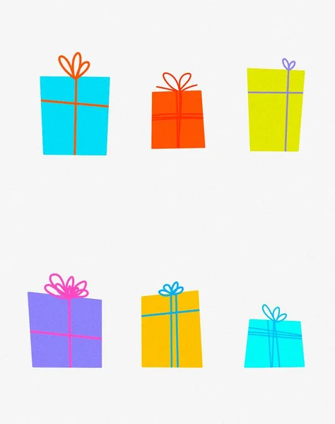 vertical illustration. collection of bright colorful wrapped gifts, six pieces, for any occasion on a white background. the concept of shopping, pleasant excitement and preparation for the celebration